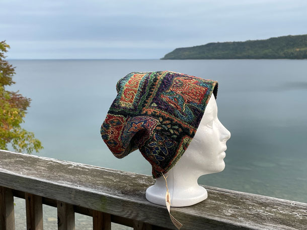 Recycled Tapestry Pillbox Hat (Green/Red)